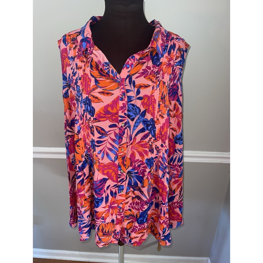 Terra & Sky Pintuck Camp Shirt Floral Sleeveless Plus Size Sz‎ 4X - Picture 3 of 6